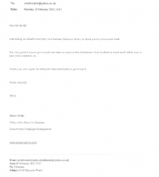Acknowledgement from Office of Sayeeda Warsi ( Chairman of Conservative party )